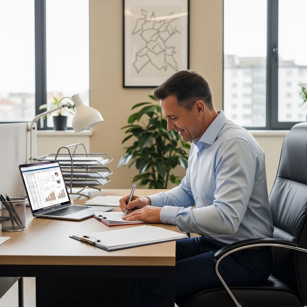 Bild eines zufriedenen Chief Financial Officers (CFO) in einem modernen Büro, der konzentriert an Finanzdokumenten arbeitet, symbolisch für erfolgreiche Unternehmensfinanzierung und Liquiditätsmanagement bei KMU.