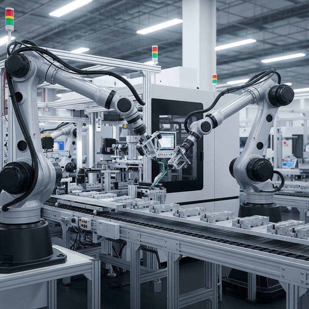 Zwei Industrieroboter arbeiten an einem Förderband in einer modernen Produktionsanlage und symbolisieren technologische Investitionen und Effizienz durch Leasing für kleine und mittlere Unternehmen.