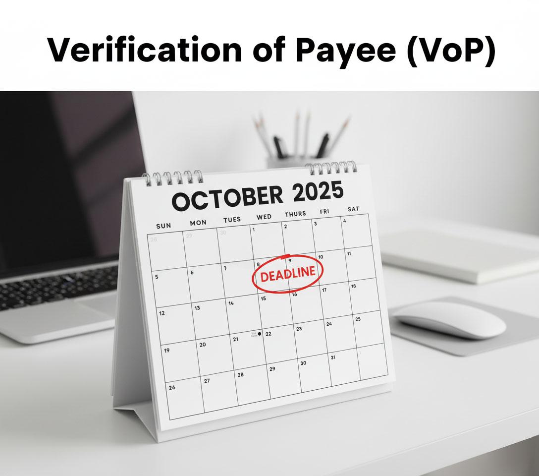 Kalender für Oktober 2025 auf einem Schreibtisch. Der 9. Oktober ist rot eingekreist und mit "DEADLINE" markiert, um die Dringlichkeit der Verification of Payee (VoP) hervorzuheben. Im Hintergrund sind unscharf ein Laptop und Büromaterialien zu sehen. Das Bild symbolisiert die bevorstehende Herausforderung für die Liquidität des Mittelstands.